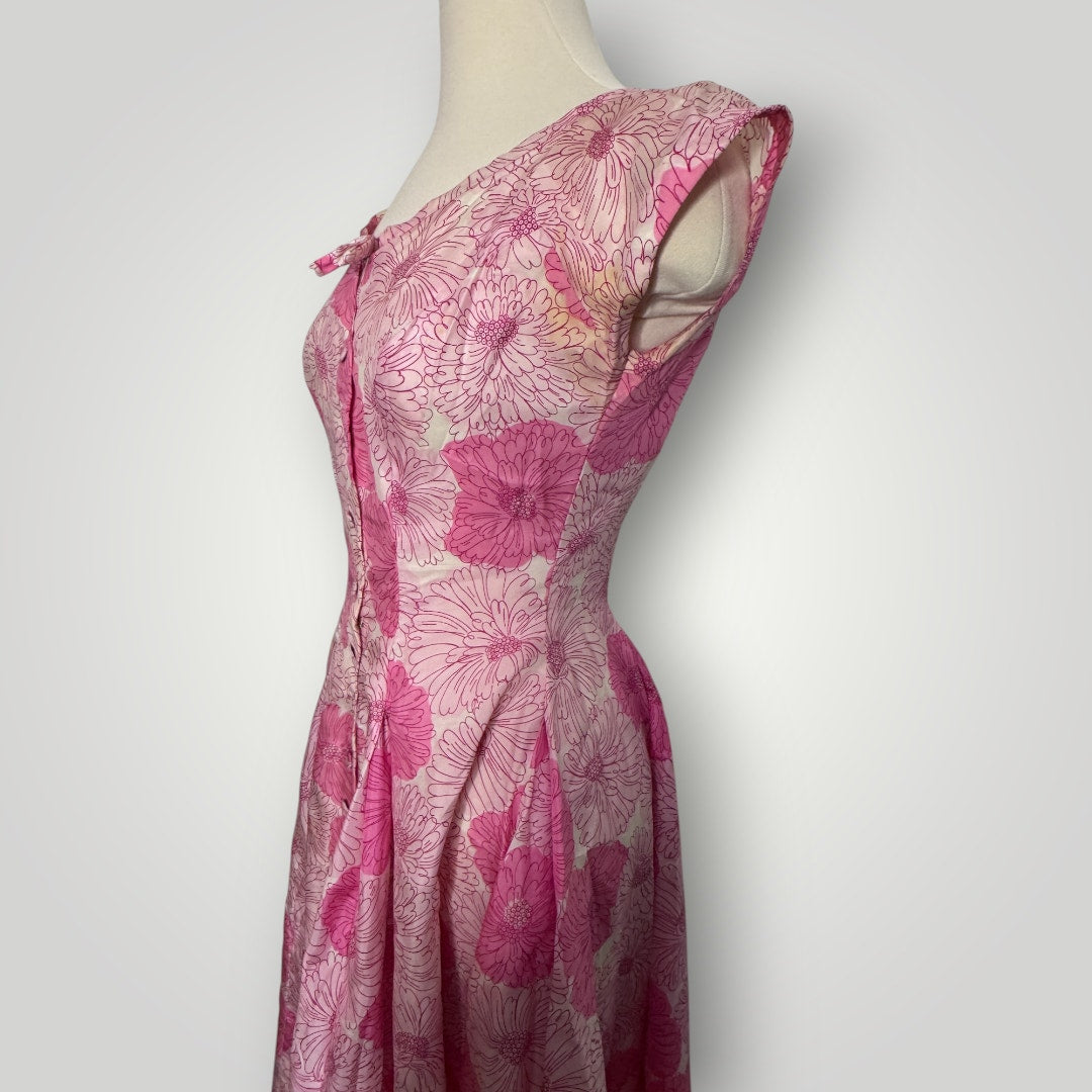 Vintage Pat Hartley 1950s Pink Floral Cocktail Dress Pleated Full Skirt Bow Sm