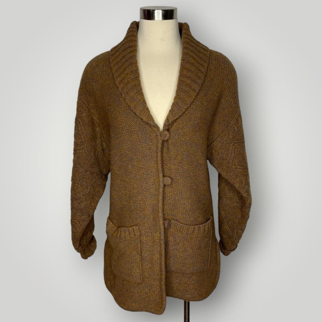 Vintage LeRoy Wool Cardigan Brown Marled Top Balloon Sleeve Women's Shawl Collar