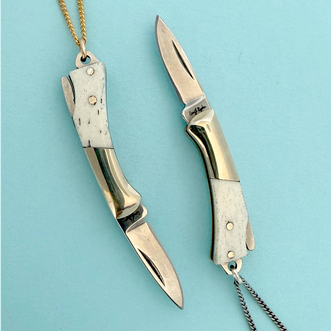 Curvilinear Bone Lockback Knife on Silver Chain Necklace