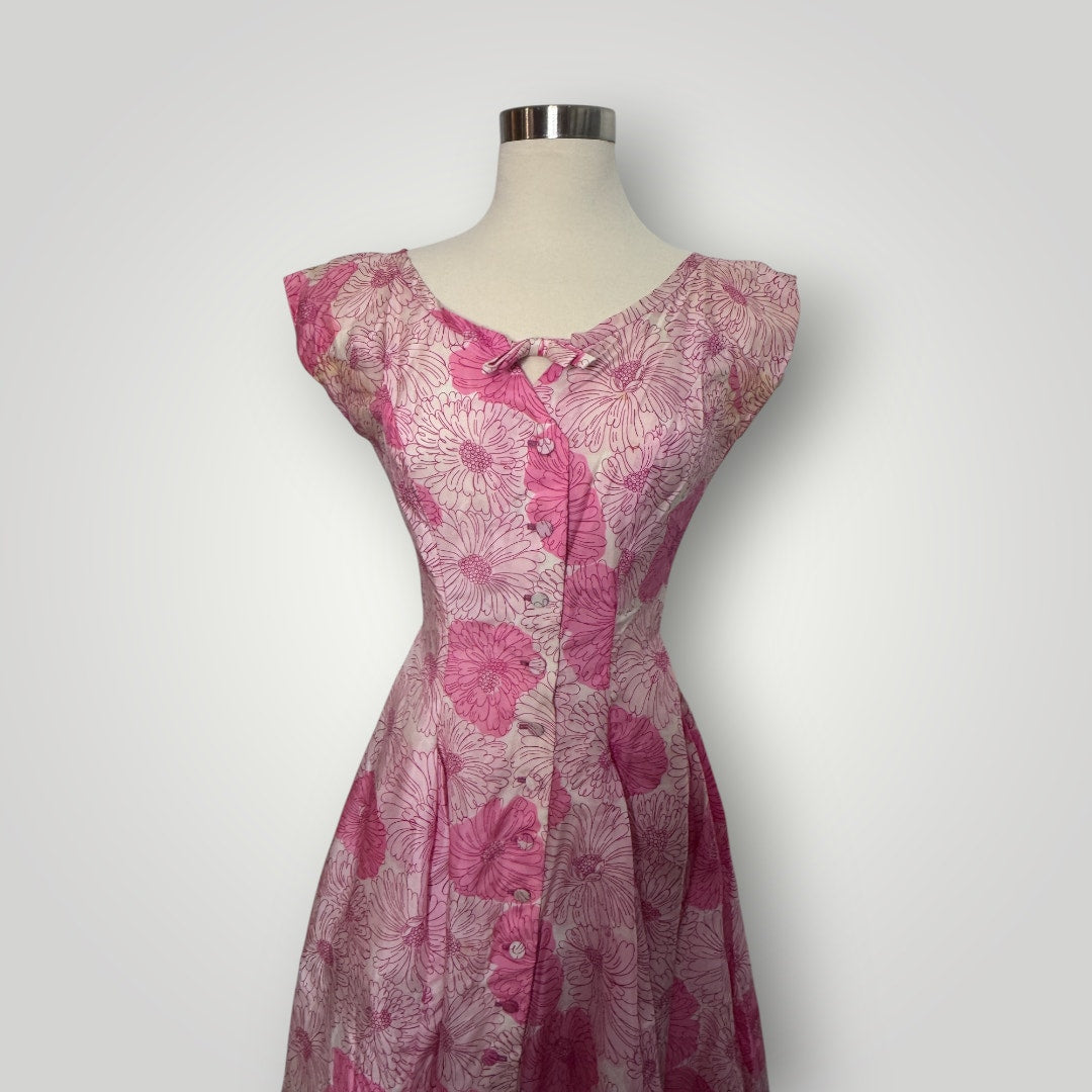 Vintage Pat Hartley 1950s Pink Floral Cocktail Dress Pleated Full Skirt Bow Sm