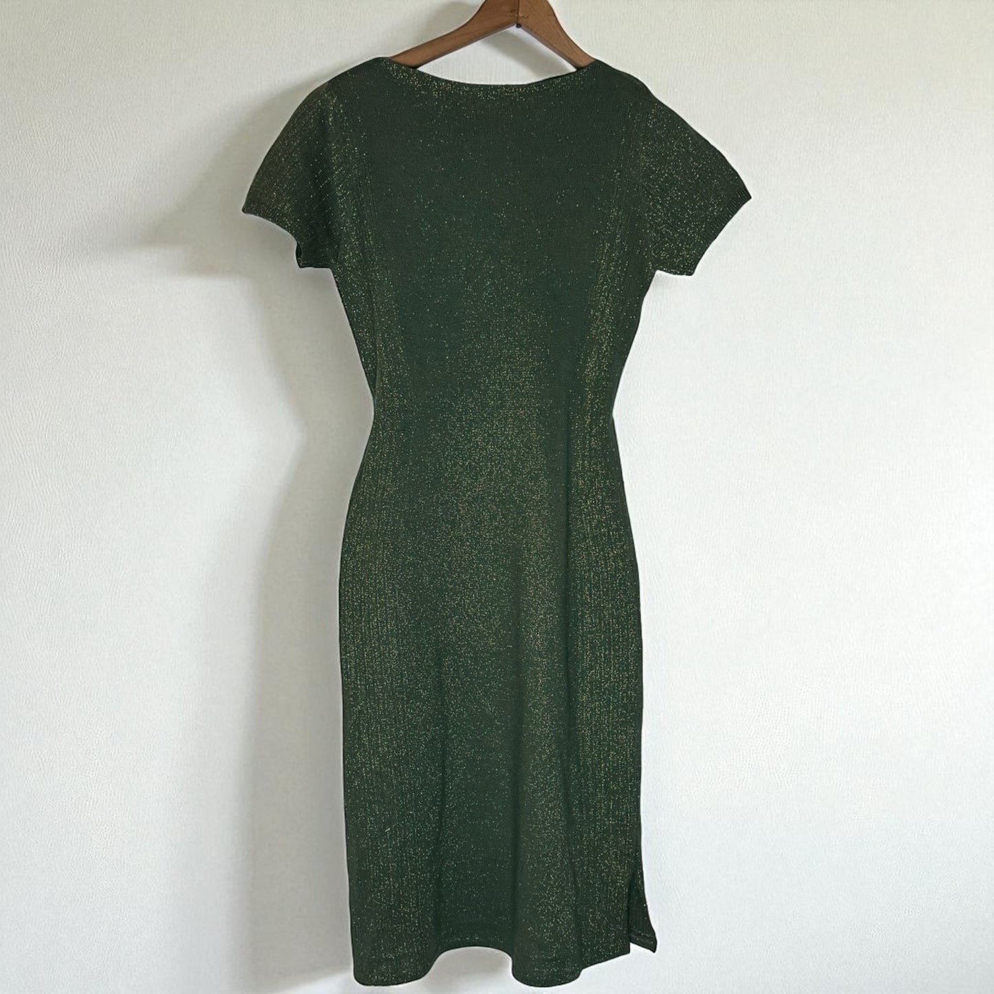 Vintage Dress Luisa Spagnoli Green Wool Lurex Metallic Gold Wiggle Knee Small