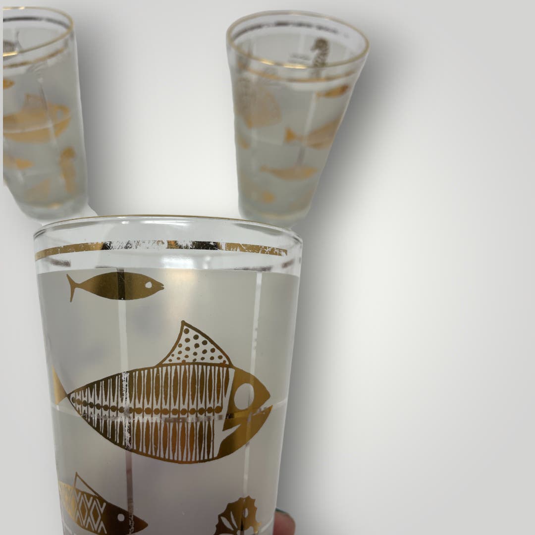 Highball Glasses Frosted 22k Gold Fish Shell Decor Set 3 Mid Century Modern
