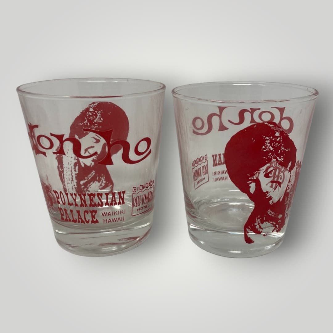 Vintage Set of Don Ho Polynesian Palace Cocktail Glasses Red Waikiki Hawaii