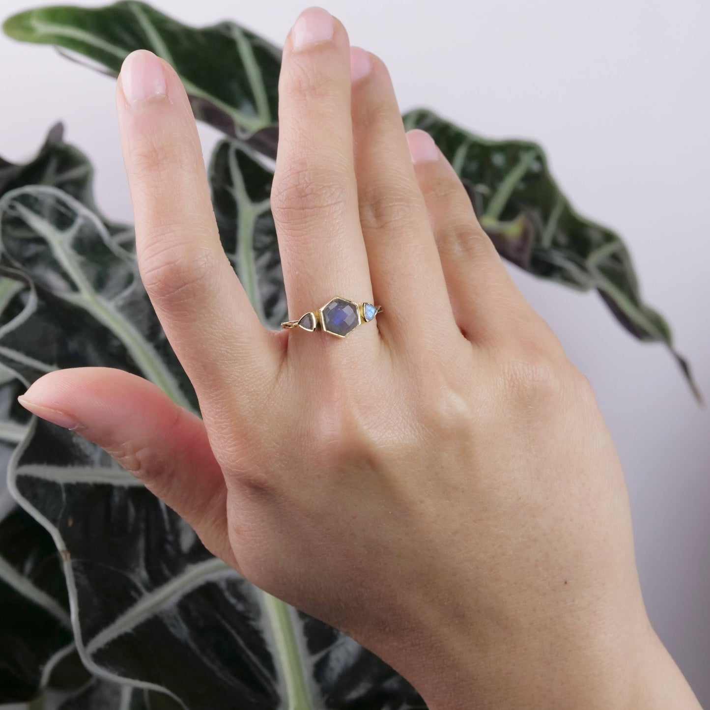 Brass Labradorite Hexagon Ring