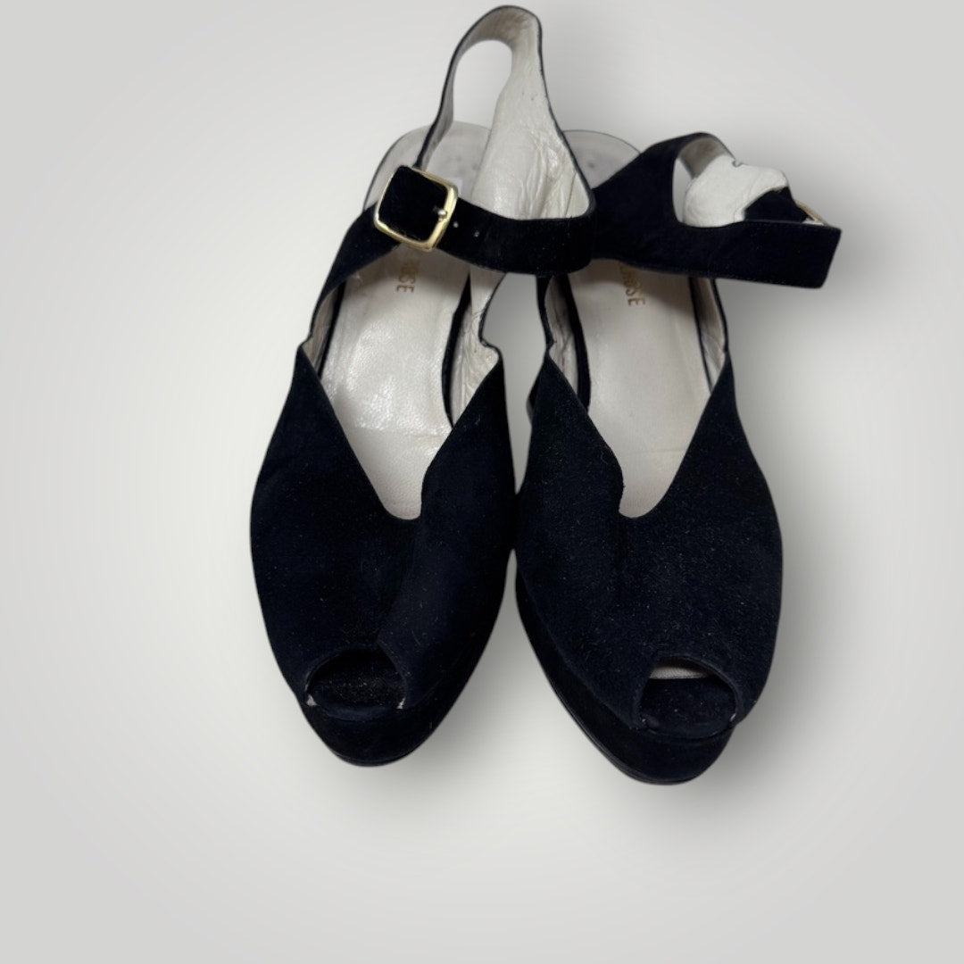 Vintage 8.5 Suede Heel Peep Toe Ankle Strap Black Sculpted Heel Platform