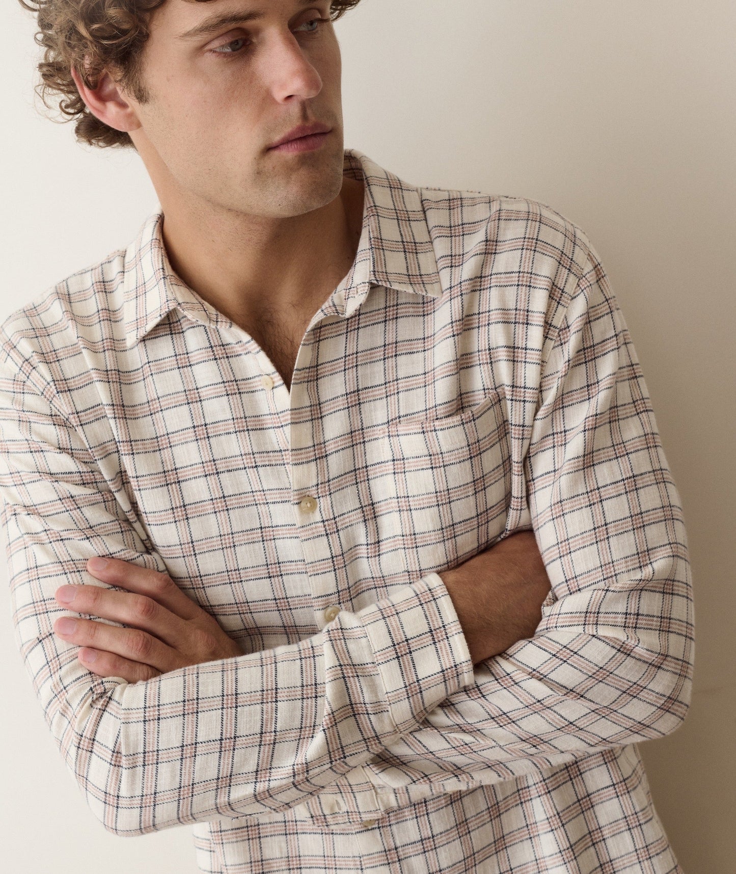 Stretch Selvedge Long Sleeve Shirt in White/Navy Check
