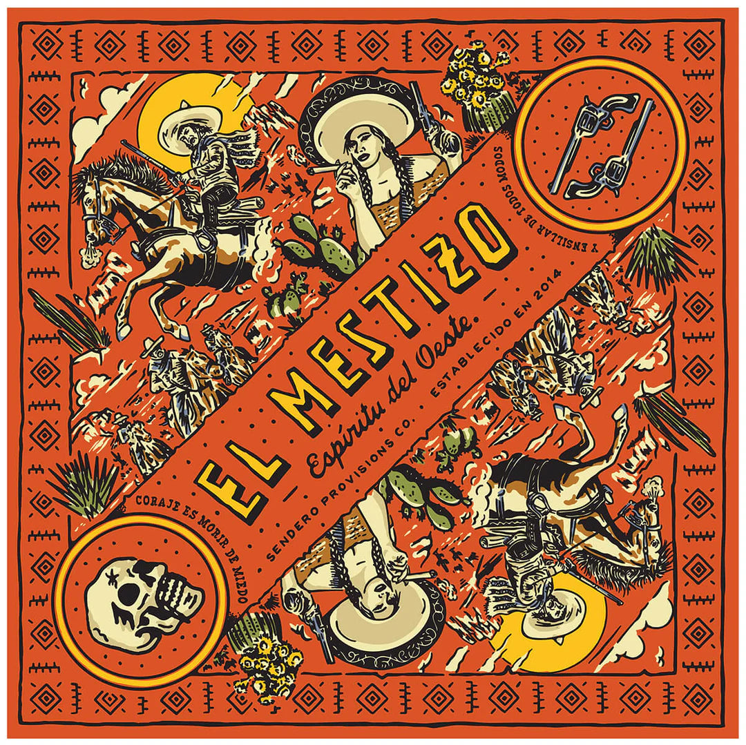 el mestizo sendero provisions bandana with skulls and guns and a cowboy riding a horse on it orange and yellow