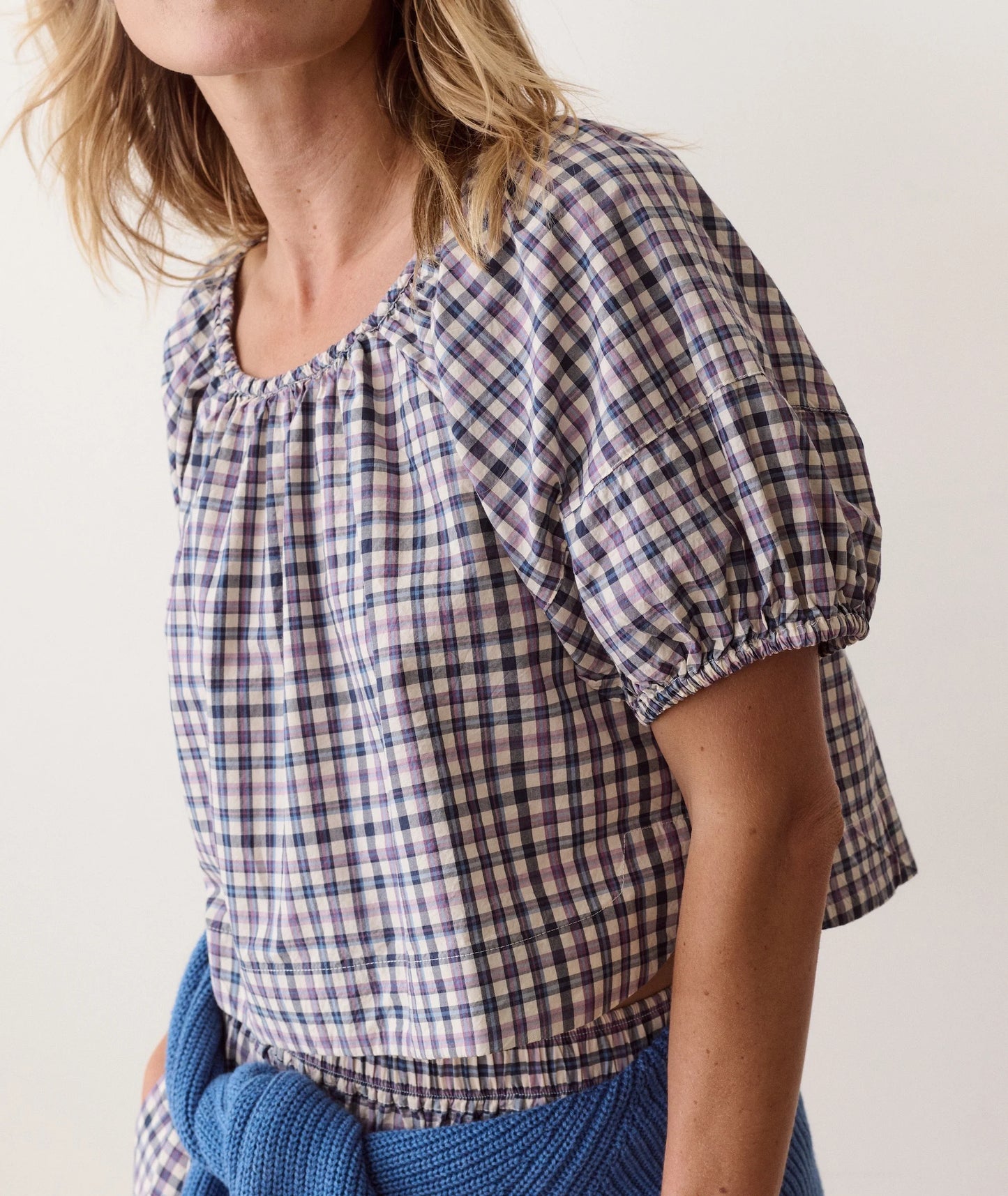 Gia Poplin Blouse Blue and Lavender Plaid