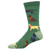 Green sock with dog illustrations on a white background