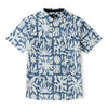 Blue and white patterned shirt on a white background