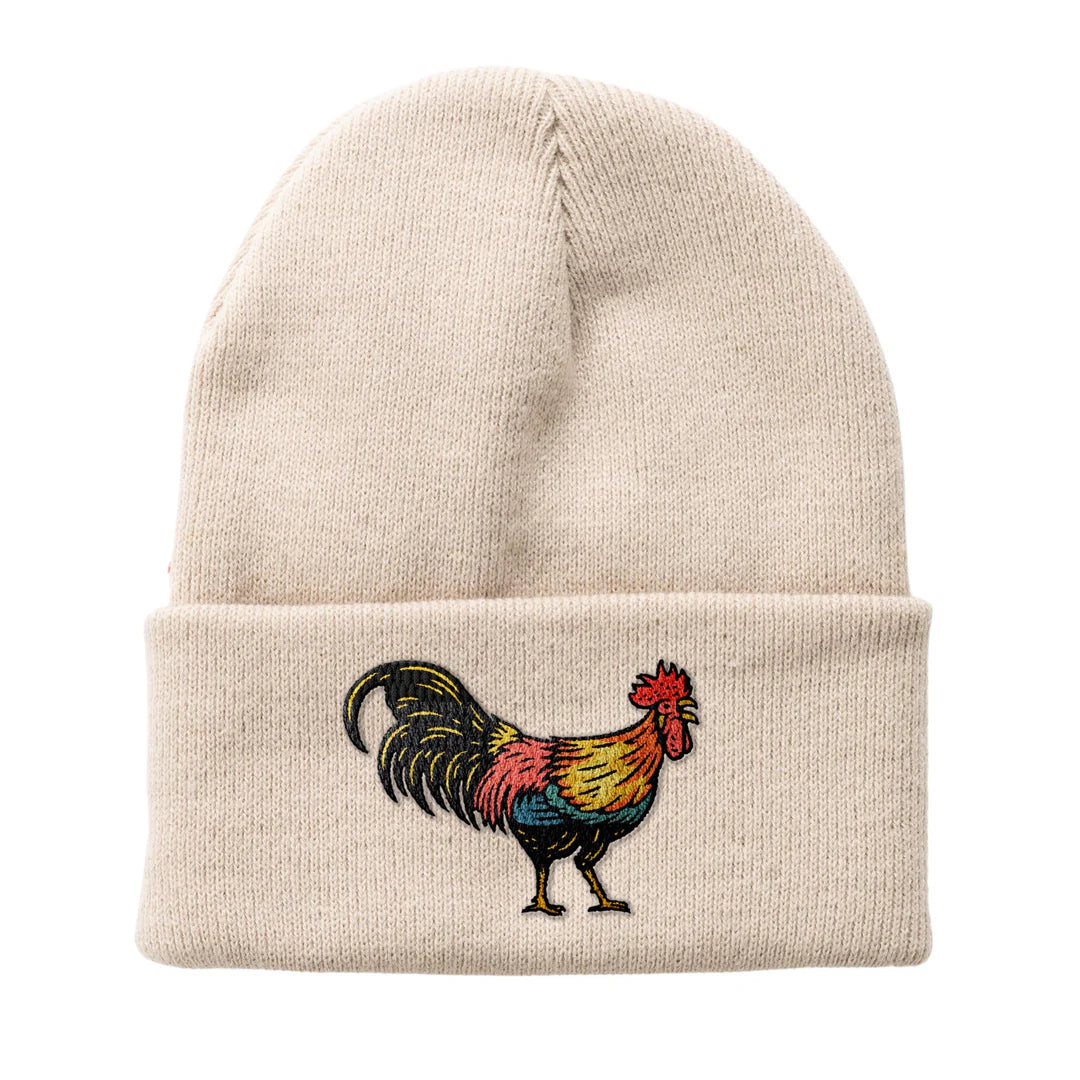 Beige beanie with a colorful rooster embroidery on a white background