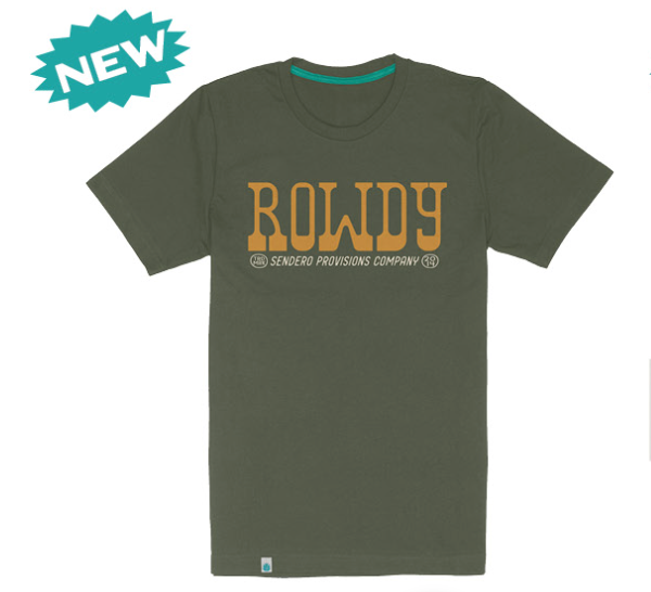 Green t-shirt with 'ROWDY' text and Sendero Provisions Company logo on a white background