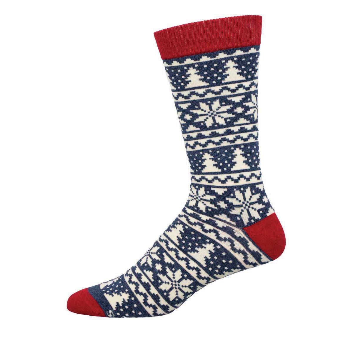 Sock with blue and white pattern and red accents on a white background