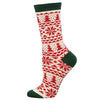 Patterned sock with red and green design on a white background