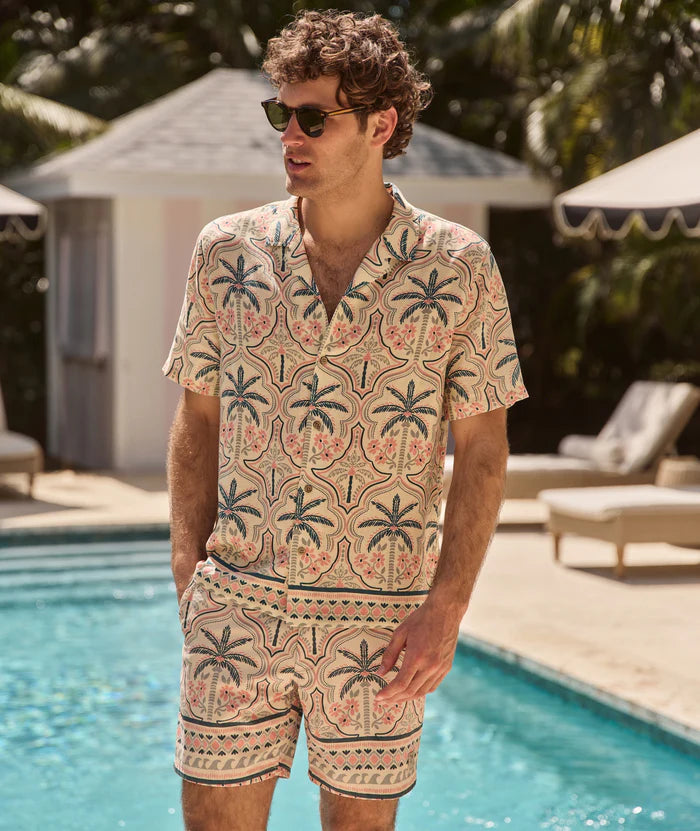 model by pool mens fashion resort wear Tencel-Linen-Resort-Shirt-Border-Palm-Print-Vintage-Swim-Trunk-6in-Border-Palm-Print-mstgoods.com
