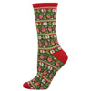 Christmas-themed sock with red and green pattern on a white background