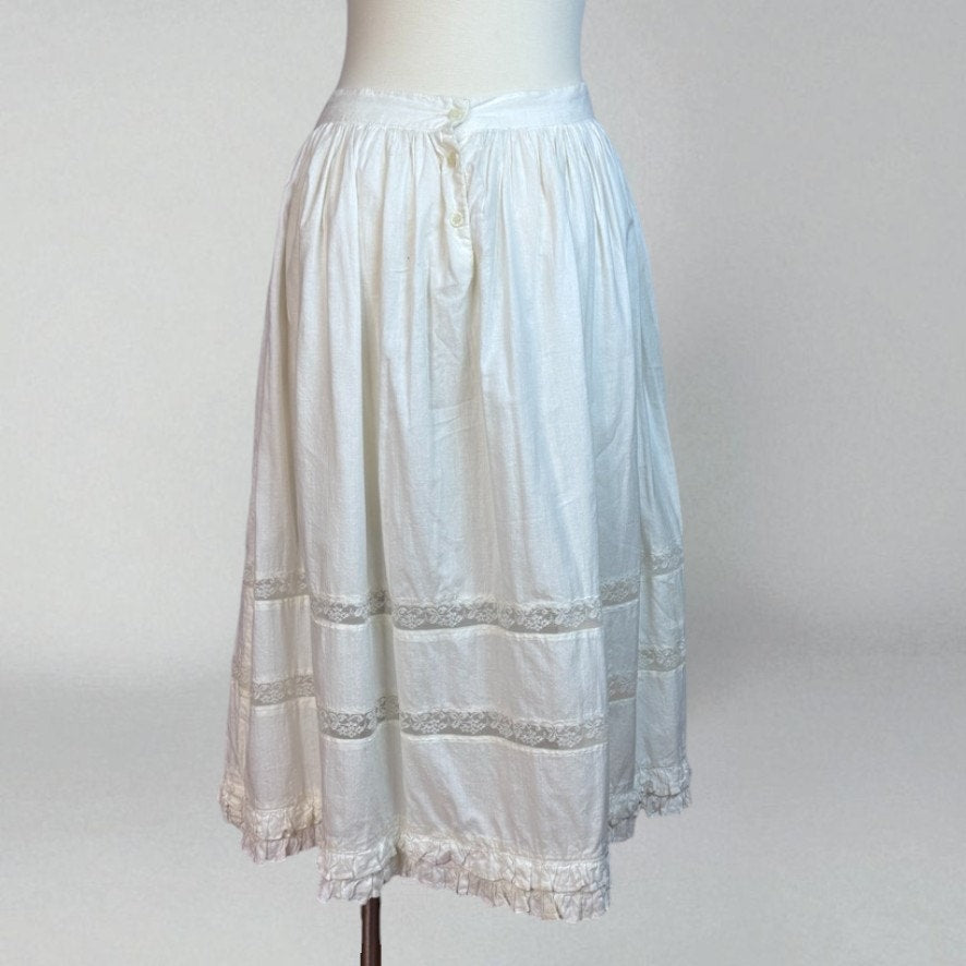 Vintage Edwardian Petticoat White Tiered Skirt Cotton Lace Ruffle Medium
