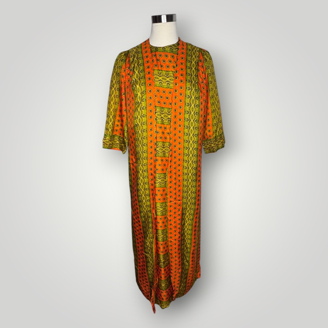 Vintage 1970s 5th Avenue Robes Kaftan Mumu Orange Green Medium