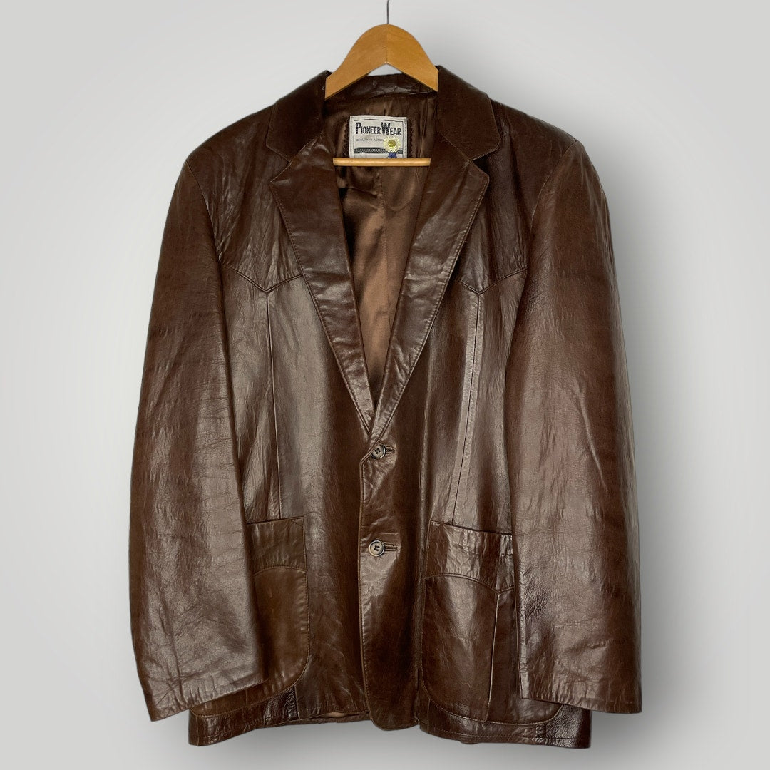 Vintage Pioneer Wear Smooth Leather Blazer Men's 1980s Dark Brown Men's Large