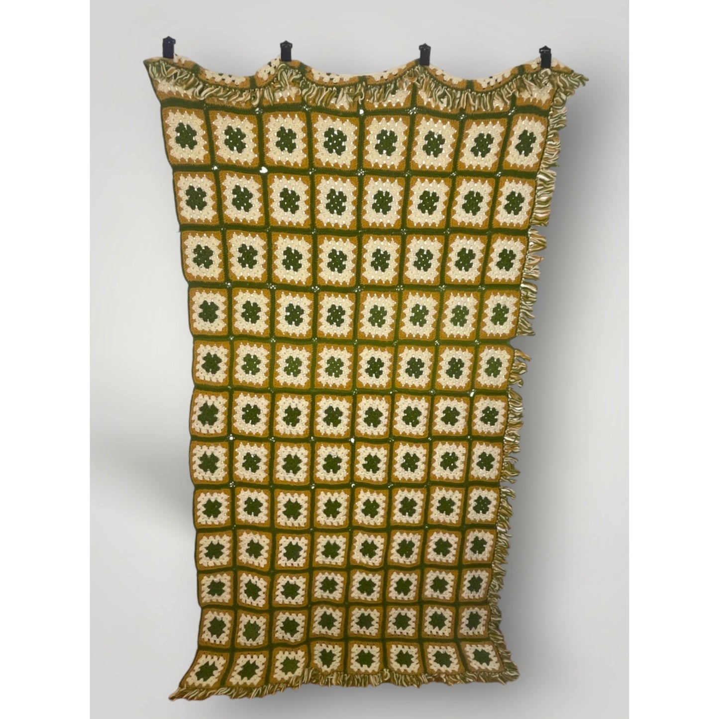 Vtg Granny Square Afghan Brown Green Multicolor 50x82 Handmade Crocheted