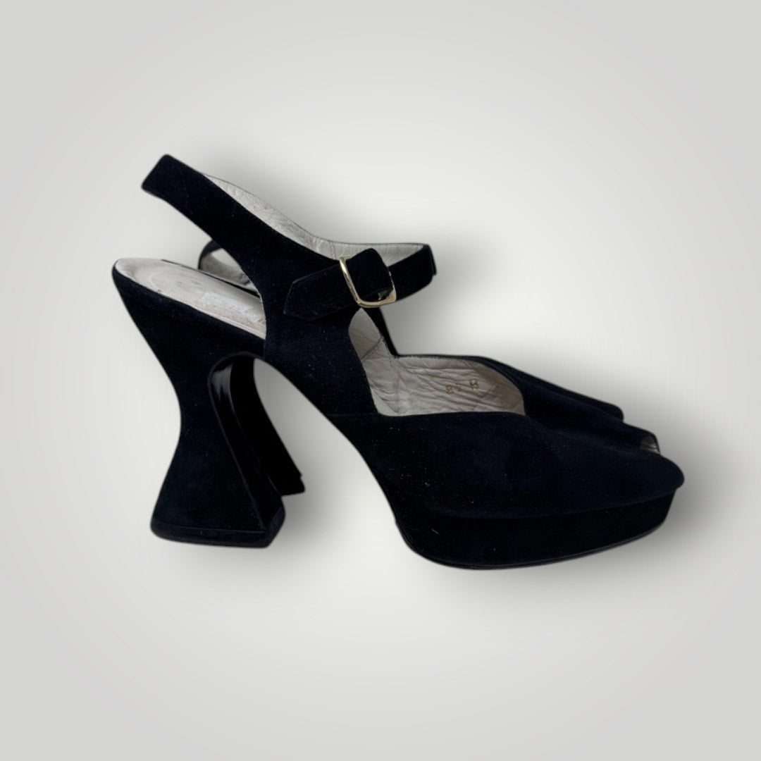 Vintage 8.5 Suede Heel Peep Toe Ankle Strap Black Sculpted Heel Platform