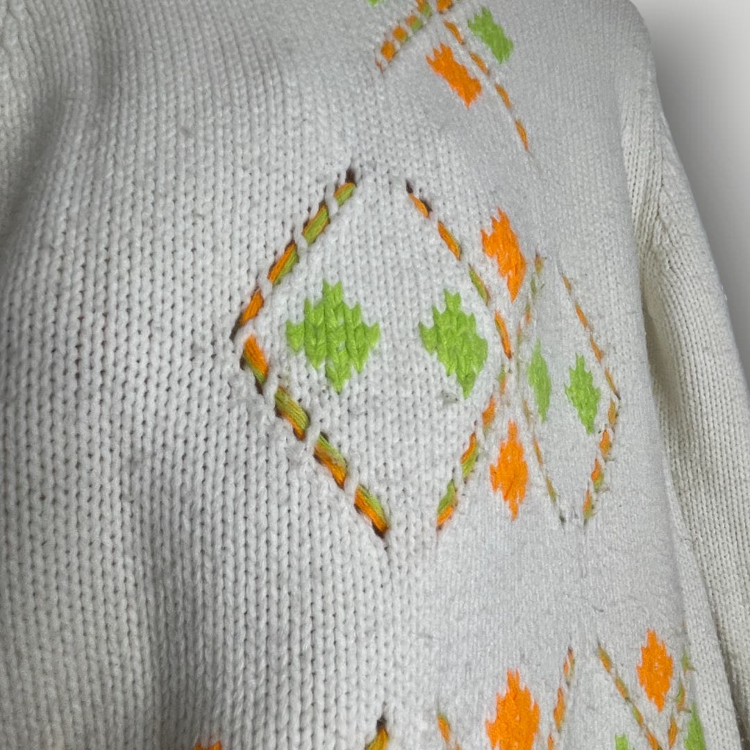Vintage 1960s Sweater Bright Green Orange Women's Medium High Collar Zip Back