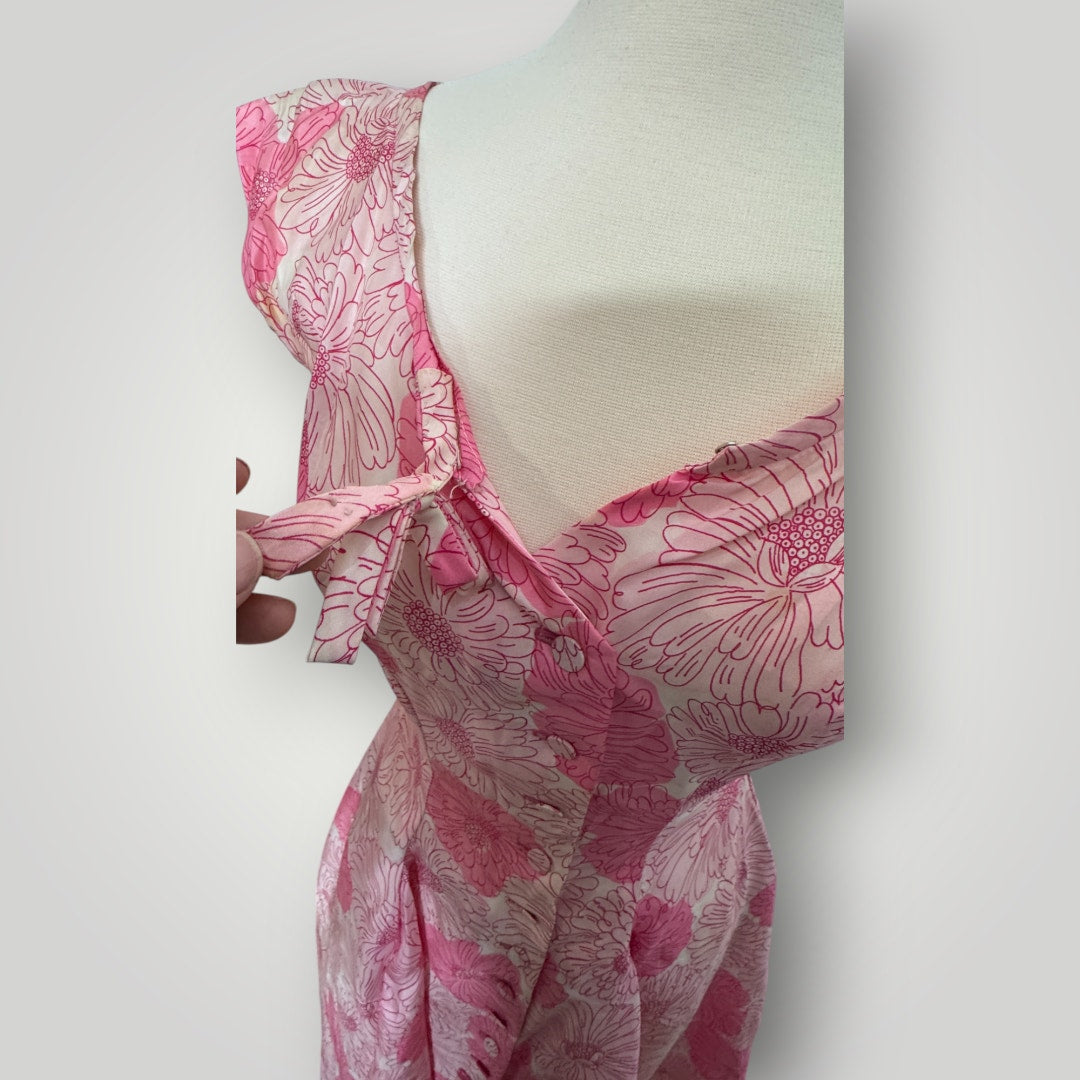 Vintage Pat Hartley 1950s Pink Floral Cocktail Dress Pleated Full Skirt Bow Sm