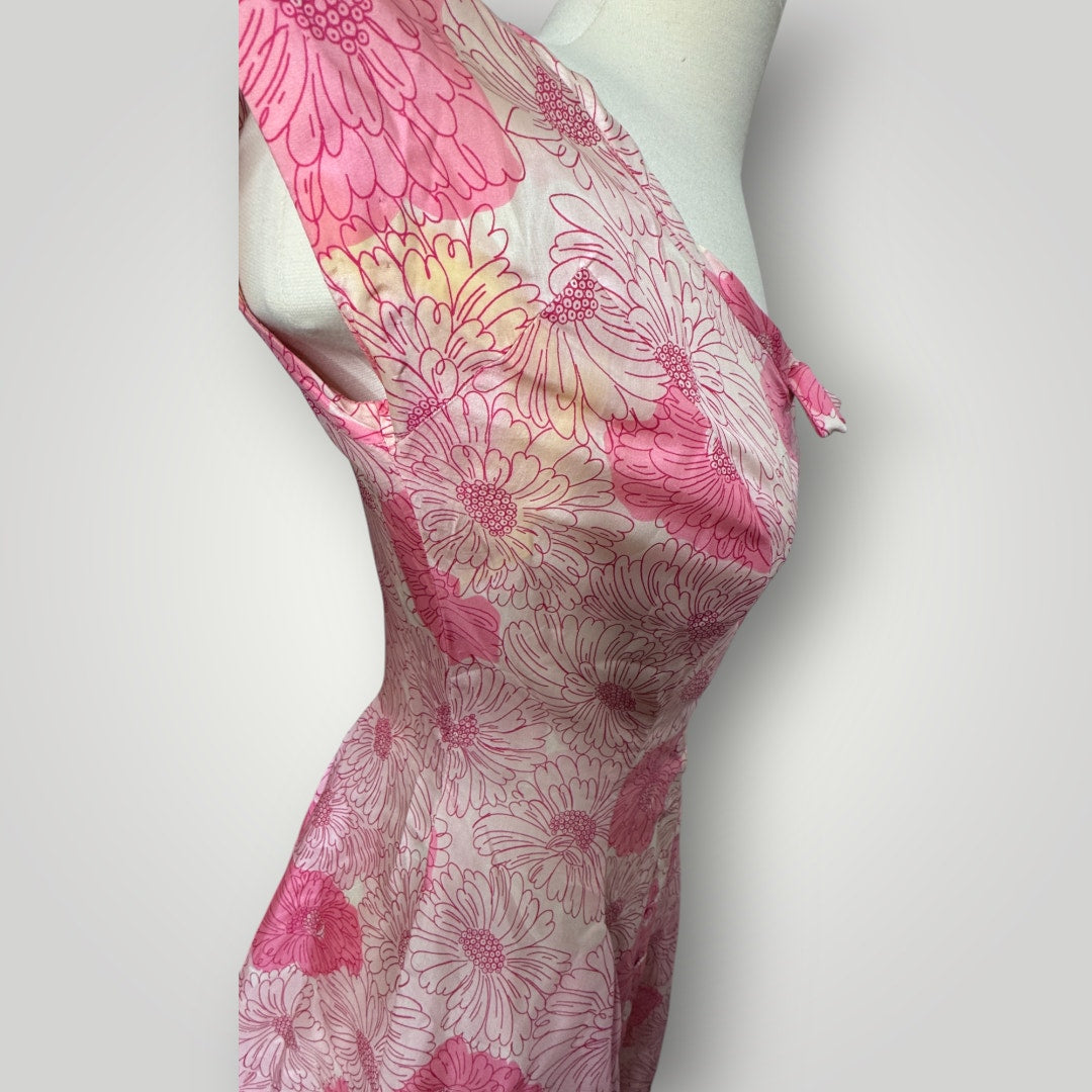 Vintage Pat Hartley 1950s Pink Floral Cocktail Dress Pleated Full Skirt Bow Sm