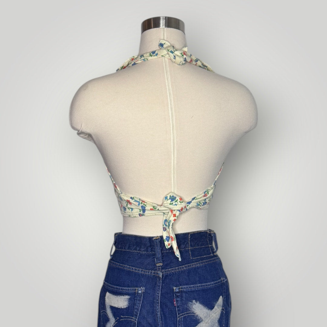 Vintage 1940s Halter Top Crop Floral Pattern Collar Playsuit Swimsuit S Handmade