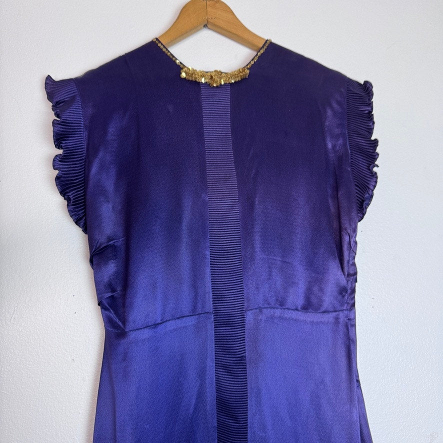 Vintage 1930s Dress Purple Maxi Pleated Ruffle Detail Sequin Sm or Med Satin