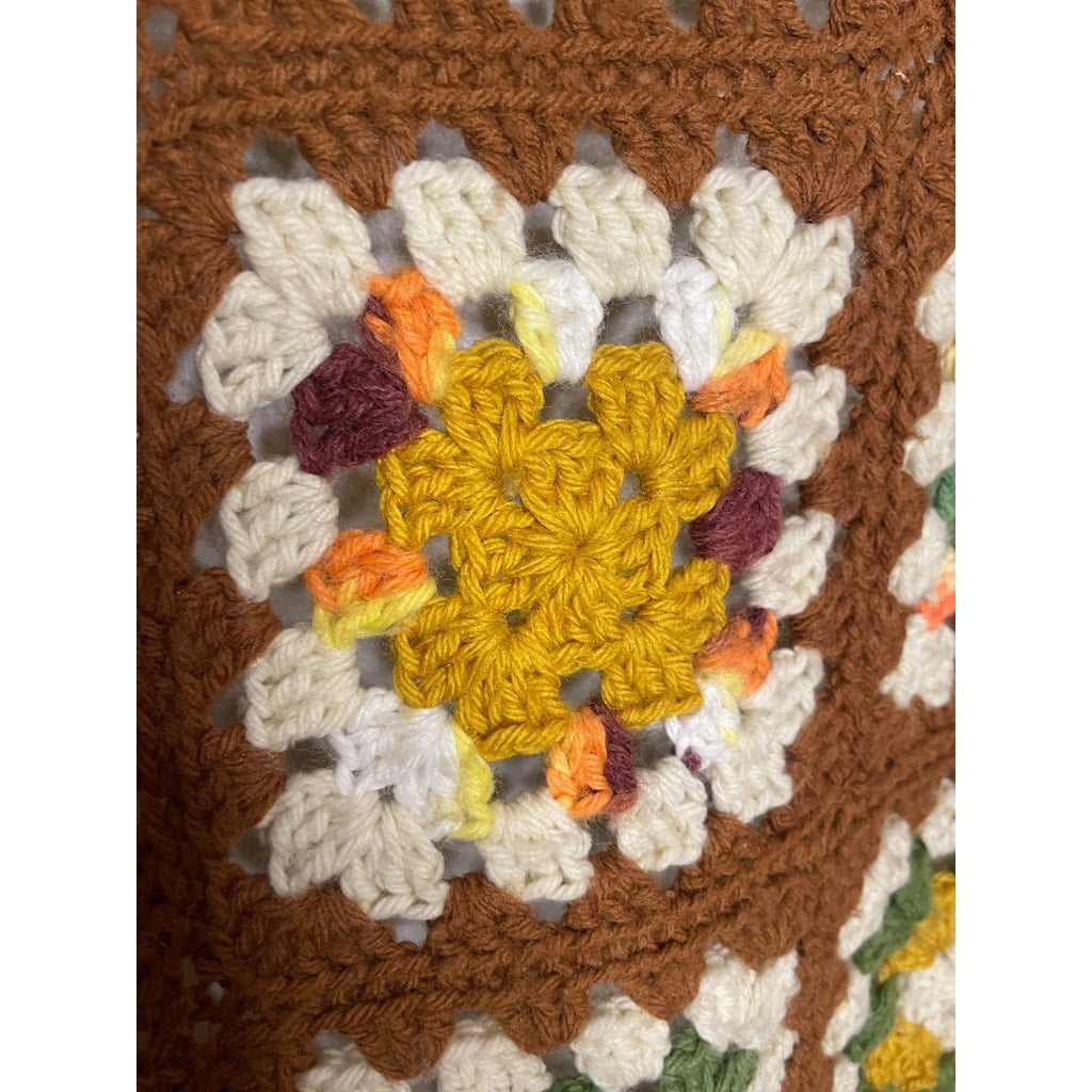 Vtg Granny Square Afghan Brown Green Multicolor 50x82 Handmade Crocheted