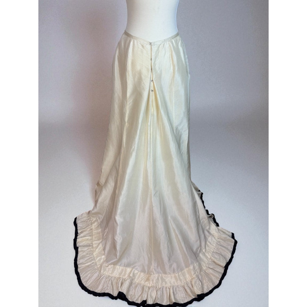 Antique Victorian Silk Skirt with Train Bustle Ivory Black Trim Ruffle Petticoat