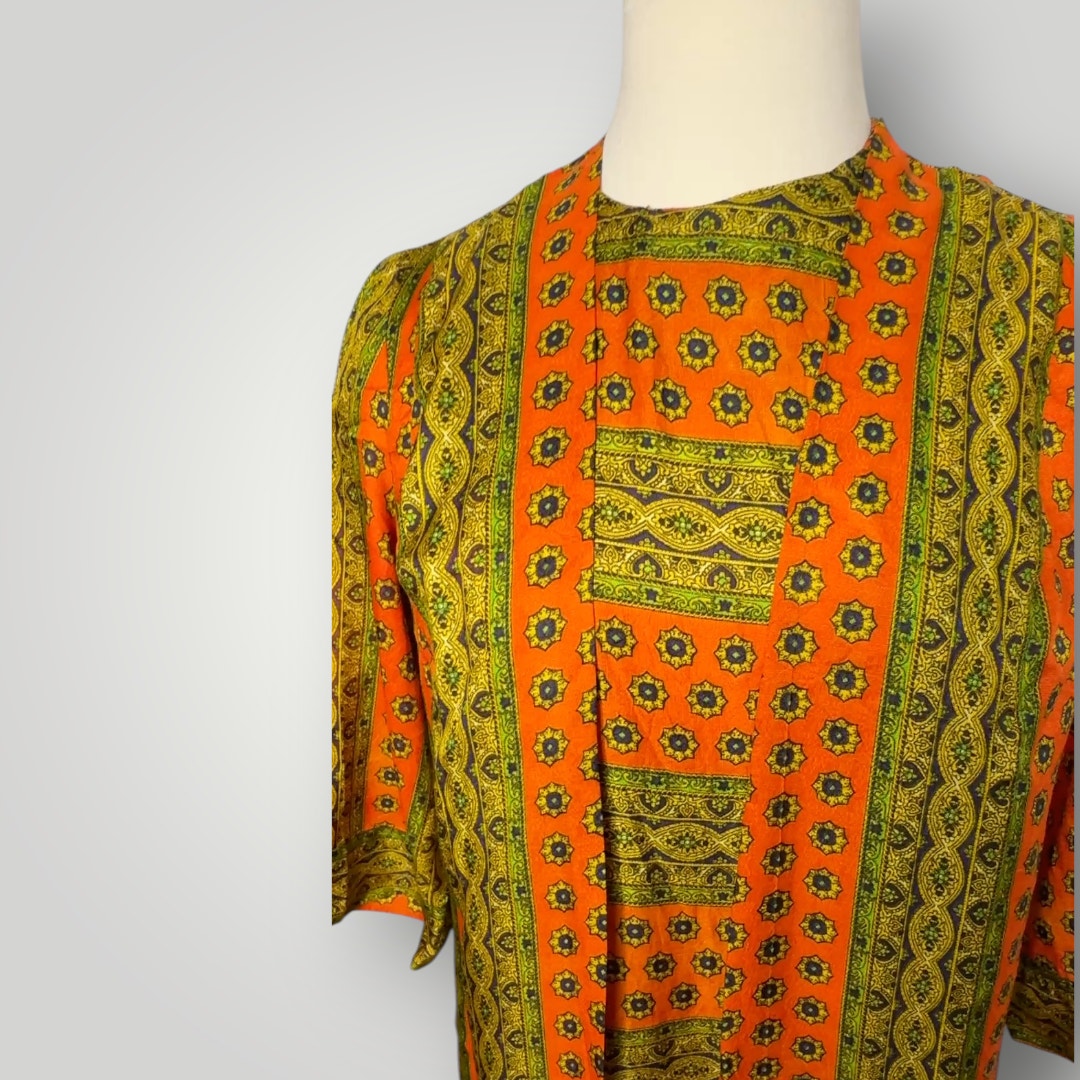 Vintage 1970s 5th Avenue Robes Kaftan Mumu Orange Green Medium