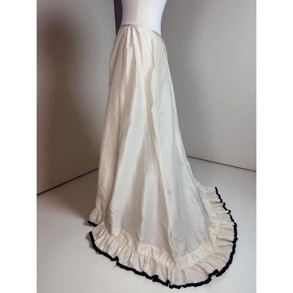 Antique Victorian Silk Skirt with Train Bustle Ivory Black Trim Ruffle Petticoat