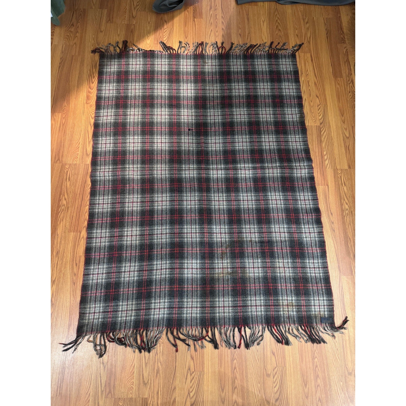 Pendleton USA製 ウール ブランケット 黒赤灰 新品 Vintage 1930s Pendleton Wool Blanket Fringe Gray Red 78”x56