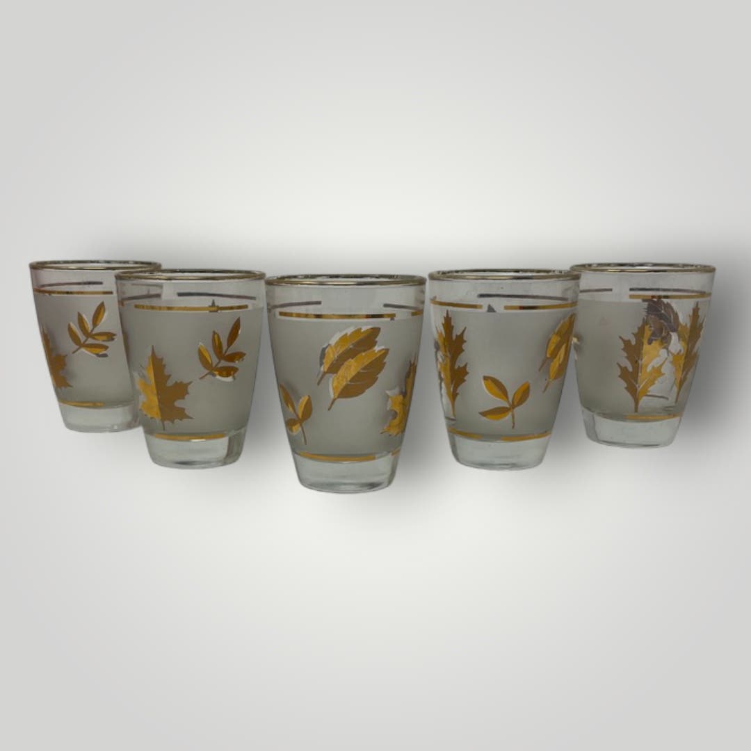 Vintage Libbey Golden Foliage Juice Glasses Retro MCM Barware Gold Frosted Leaves