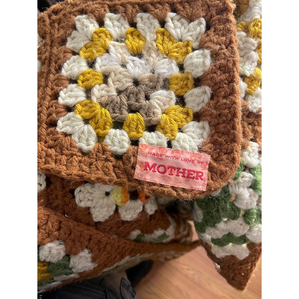 Vtg Granny Square Afghan Brown Green Multicolor 50x82 Handmade Crocheted