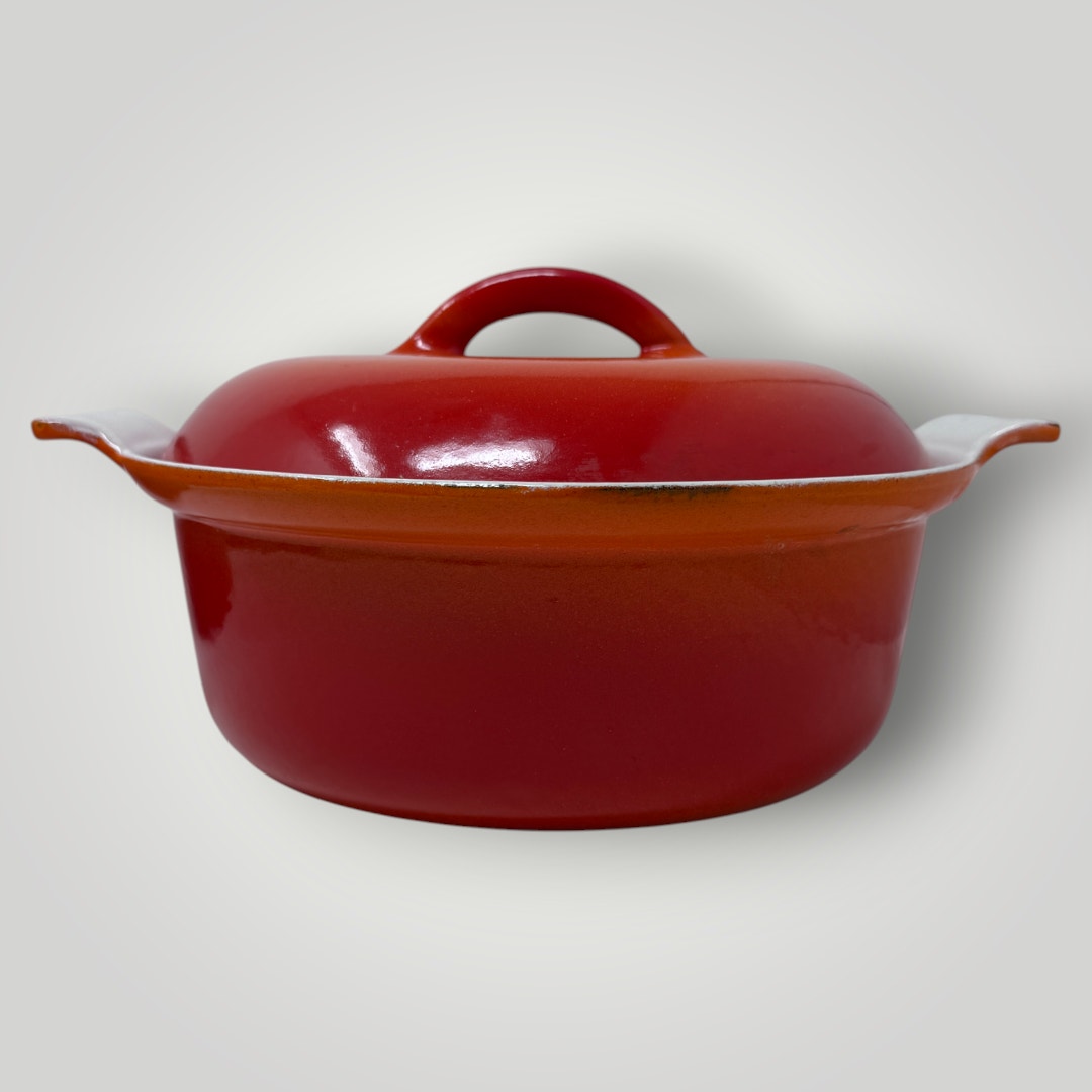 Vtg Descoware Belgium Vintage Enamel Cast Iron Dutch Oven Flame Orange Red 2QT
