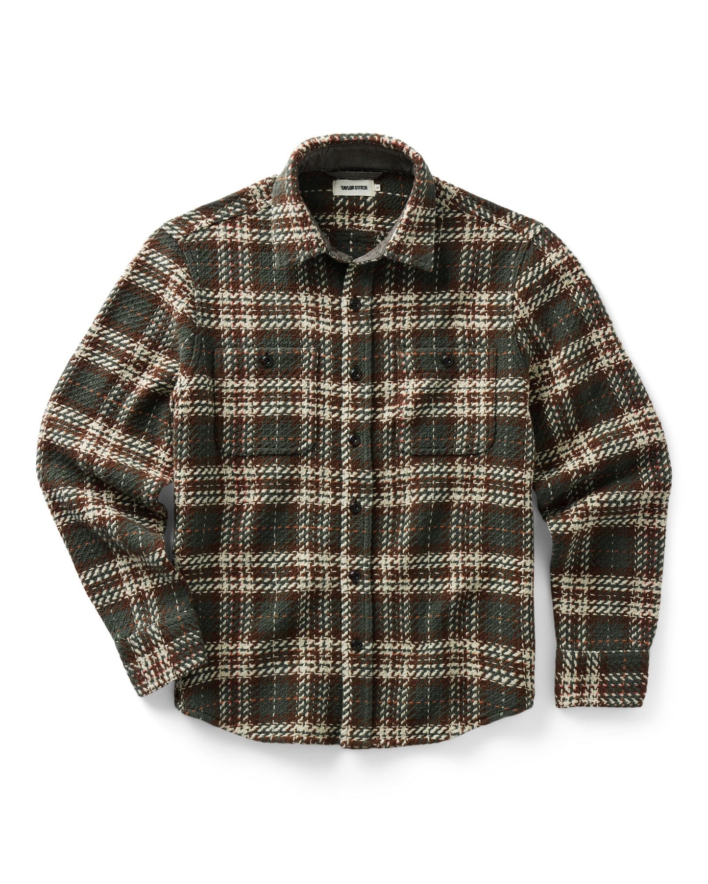 A long-sleeve button-up plaid shirt jacket in a dark green, brown, and beige woven pattern, laid flat against a white background.