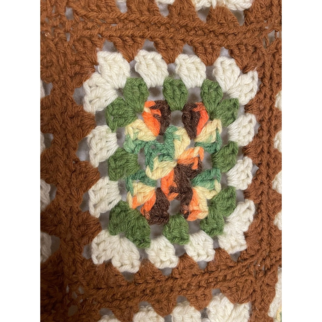 Vtg Granny Square Afghan Brown Green Multicolor 50x82 Handmade Crocheted