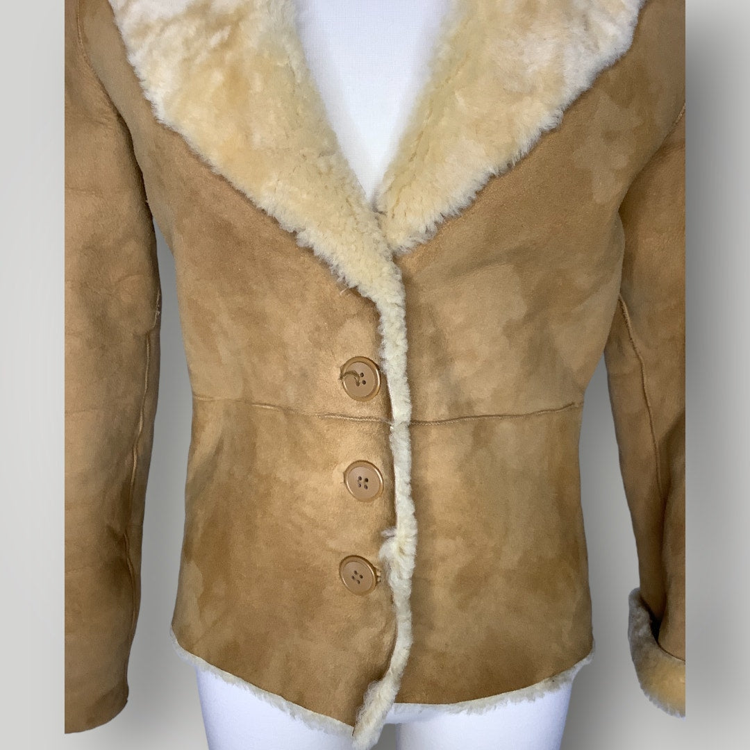 Vintage Sheepskin Shearling Single Breasted Short Coat Brown Tan Women's Small