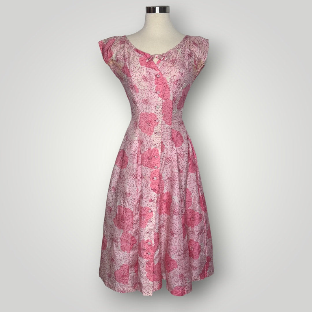 Vintage Pat Hartley 1950s Pink Floral Cocktail Dress Pleated Full Skirt Bow Sm