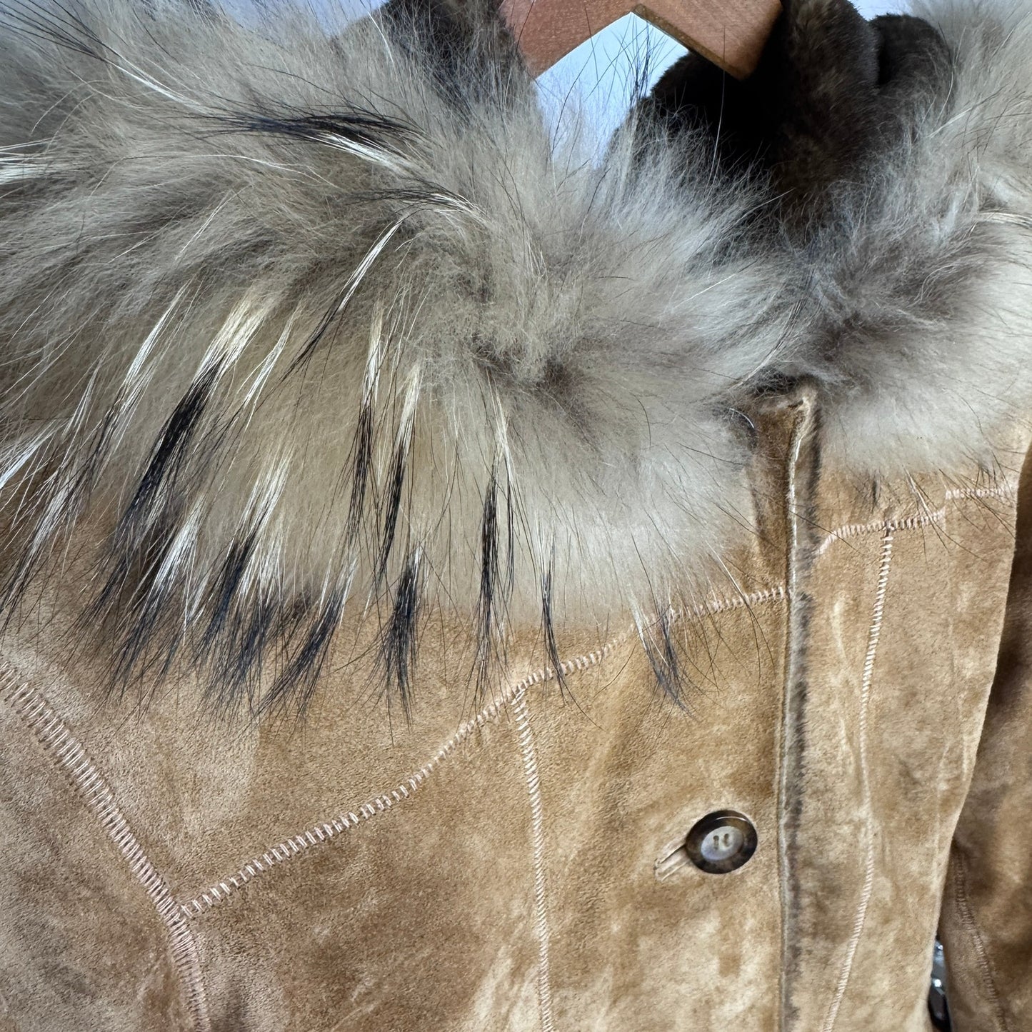 Vintage La Nouvelle Renaissance Coat Suede Long Raccoon Fur Trim Y2K Jacket