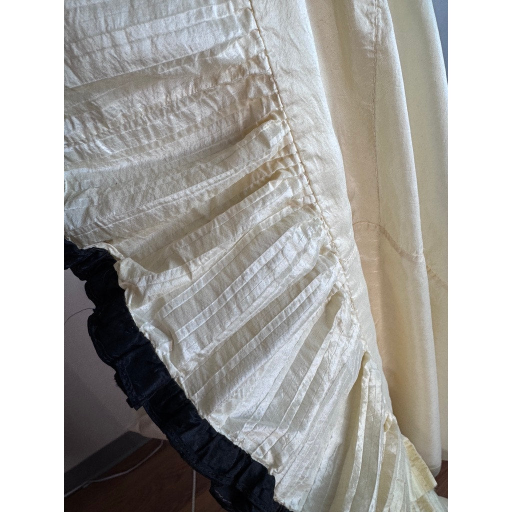 Antique Victorian Silk Skirt with Train Bustle Ivory Black Trim Ruffle Petticoat