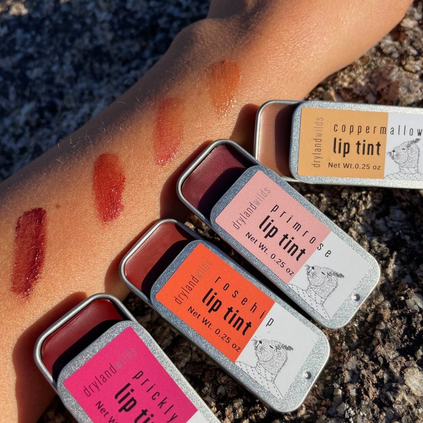 four shades of different botanical lip tints made by dryland wilds sample colors on skin