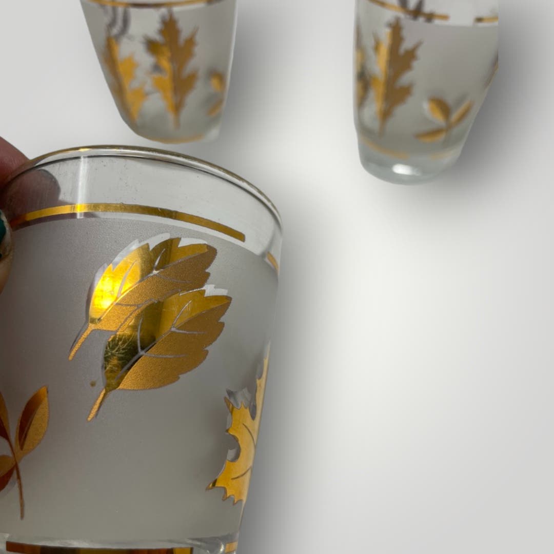 Vintage Libbey Golden Foliage Juice Glasses Retro MCM Barware Gold Frosted Leaves