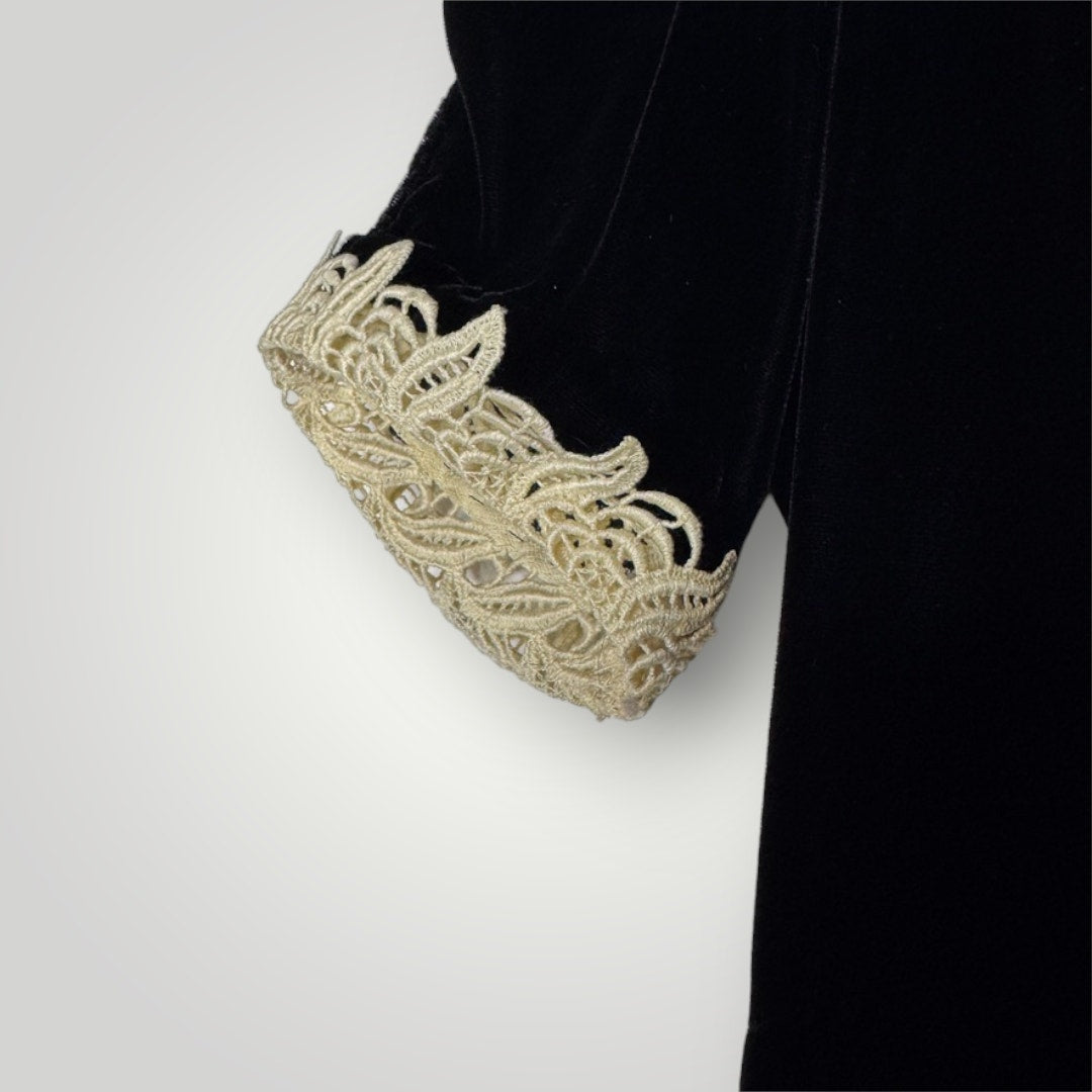 Vintage 1930s Dress Brown Velvet Lace Details Rhinestone Belt Short Sleeve