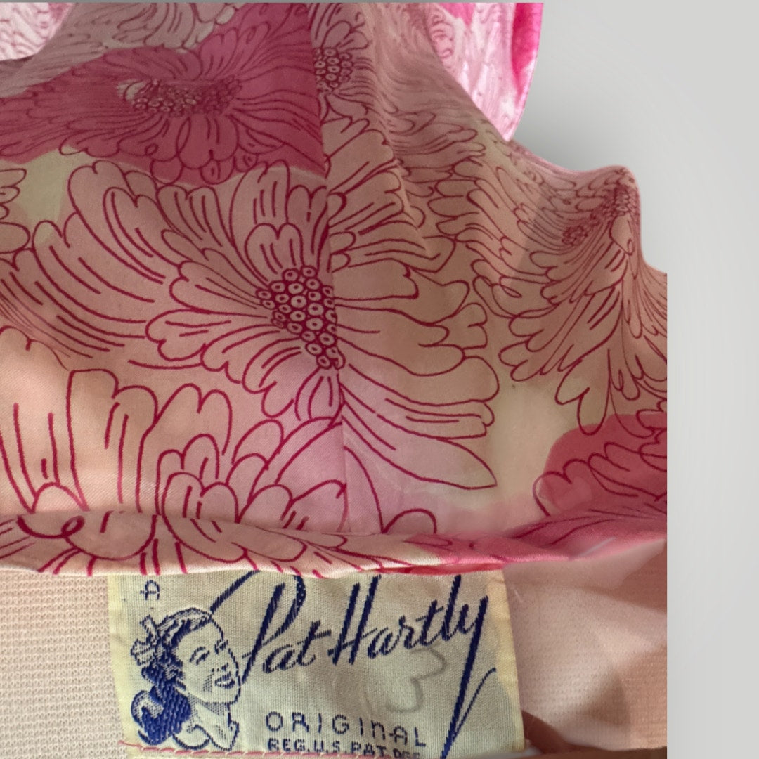 Vintage Pat Hartley 1950s Pink Floral Cocktail Dress Pleated Full Skirt Bow Sm