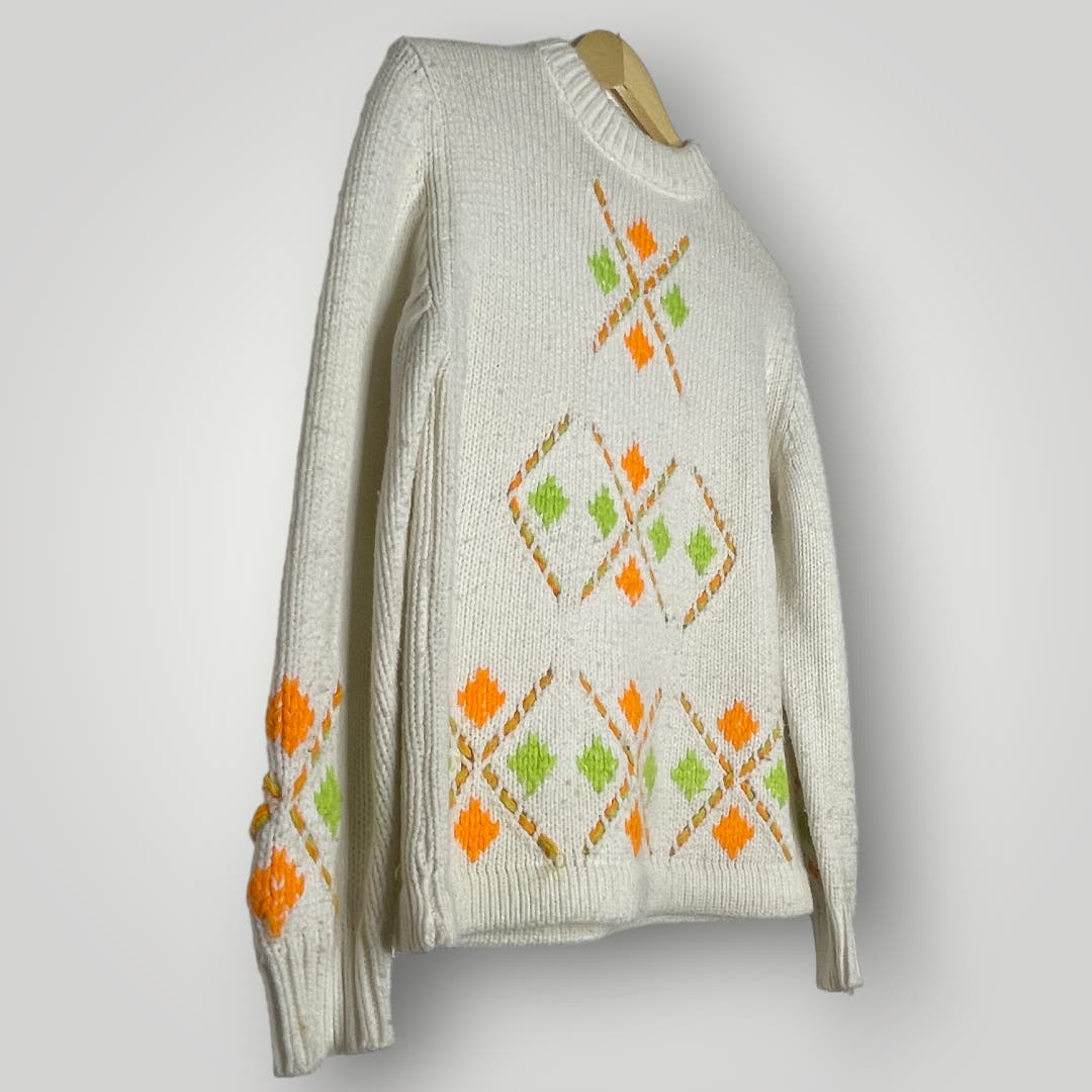 Vintage 1960s Sweater Bright Green Orange Women's Medium High Collar Zip Back