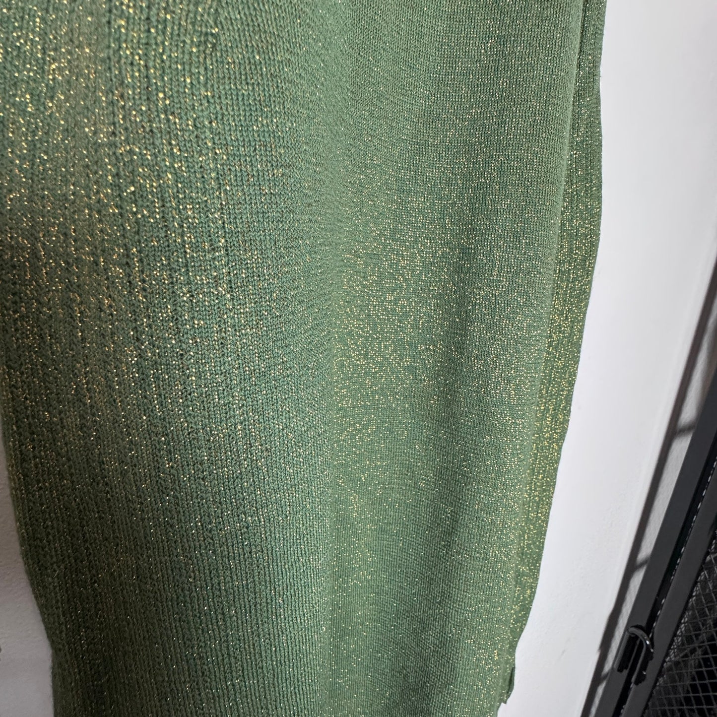Vintage Dress Luisa Spagnoli Green Wool Lurex Metallic Gold Wiggle Knee Small
